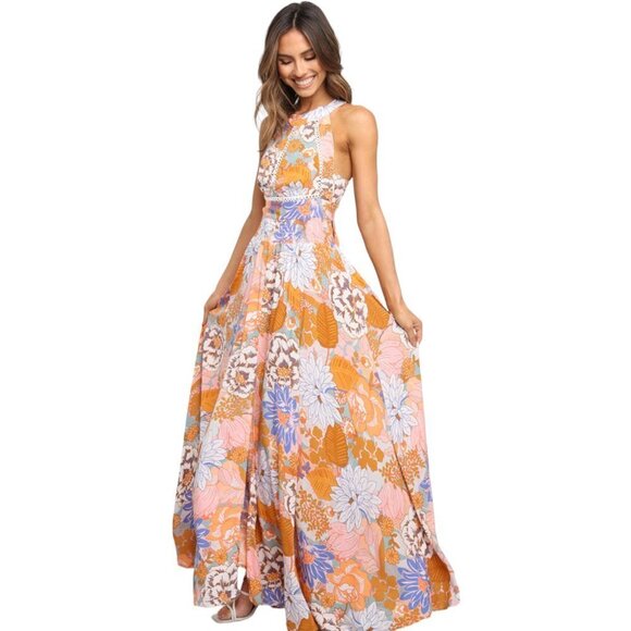 Orange Boho Floral Backless Lace up Sleeveless Maxi Dress w/Pockets! - Picture 3 of 15